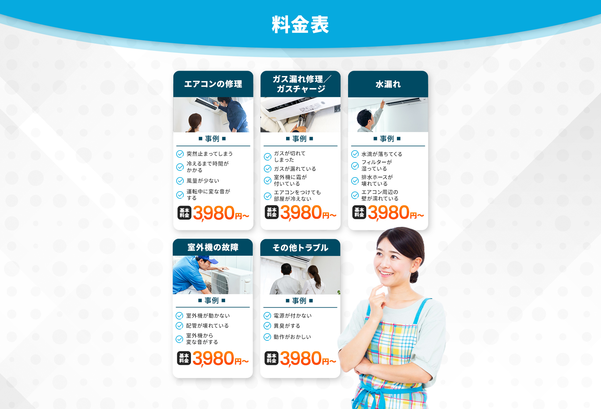 水漏れ3,980円～ 室外機の故障3,980円～ その他トラブル3,980円～