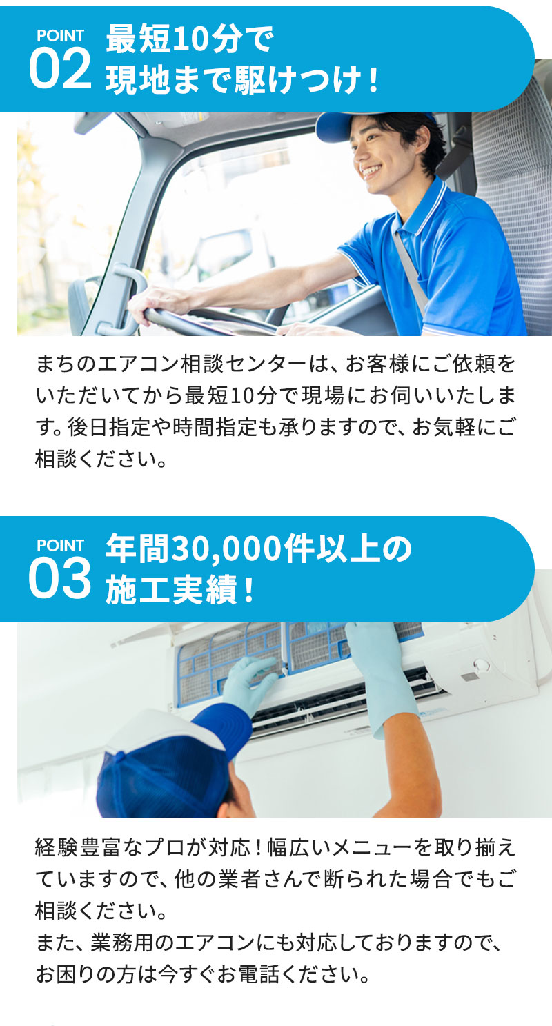 POINT02：最短10分で現地まで駆けつけ！ まちのエアコン相談センターは、お客様にご依頼をいただいてから最短10分で現場にお伺いいたします。後日指定や時間指定も承りますので、お気軽にご相談ください。 POINT03：年間30,000件以上の施工実績！ 経験豊富なプロが対応！幅広いメニューを取り揃えていますので、他の業者さんで断られた場合でもご相談ください。また、業務用のエアコンにも対応しておりますので、お困りの方は今すぐお電話ください。